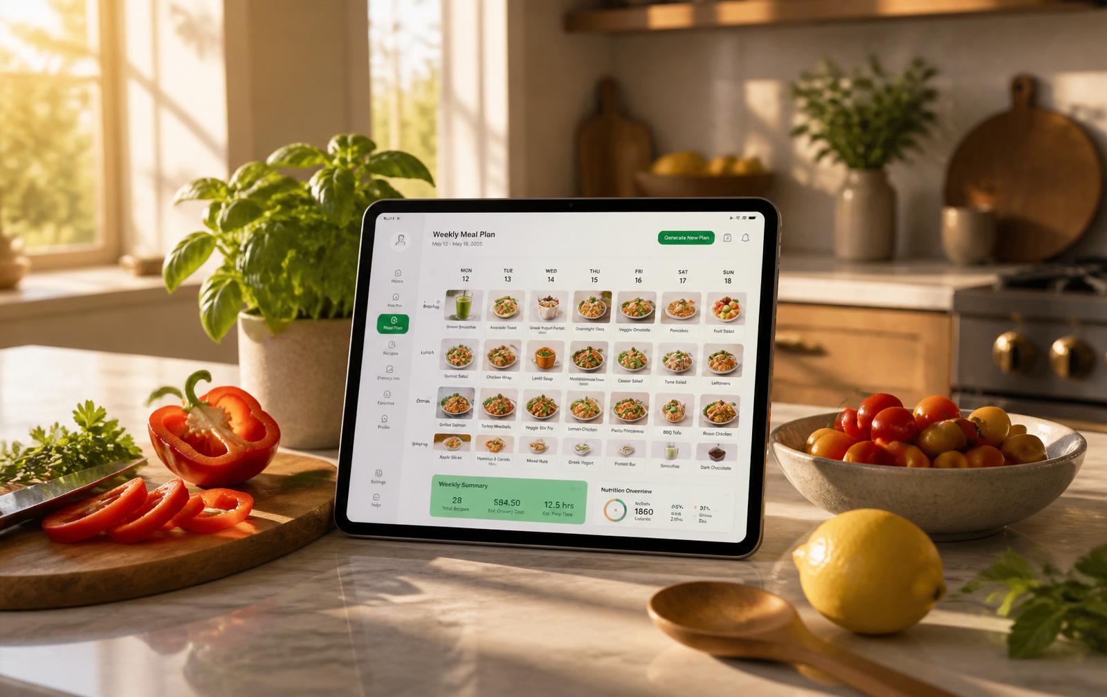 A tablet displaying Plan2Dish on a sunlit kitchen island, surrounded by fresh ingredients.